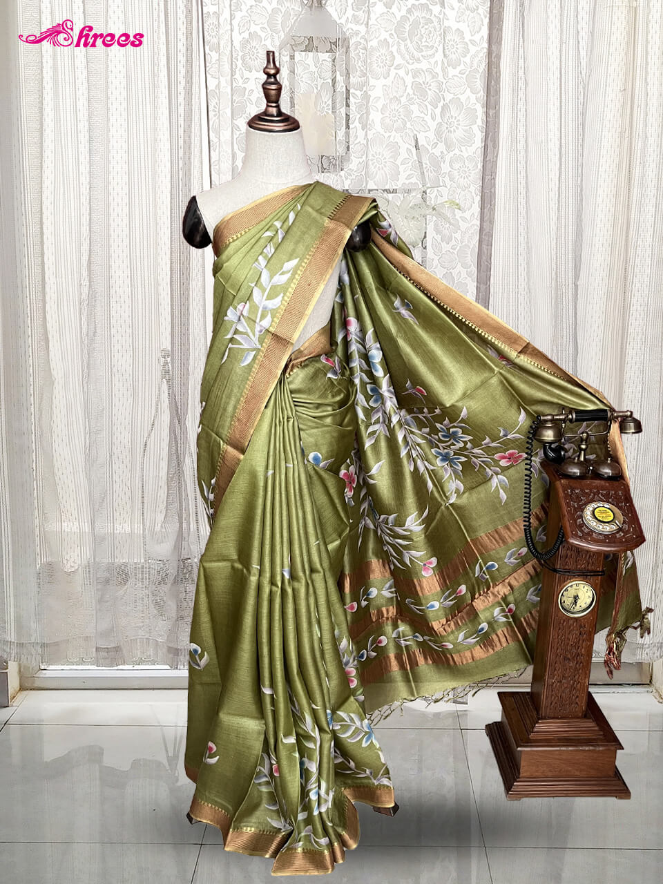 Olive Green Pure Tussar Silk Saree