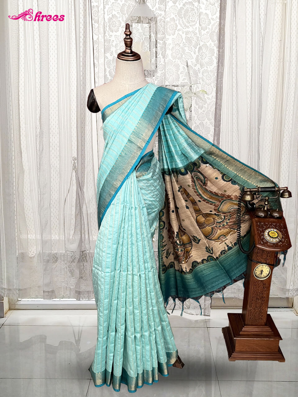 Sky Blue Pure Tussar Silk Handloom Saree