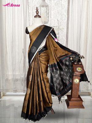 Golden Honey And Black Pure Kanchipuram Silk Saree