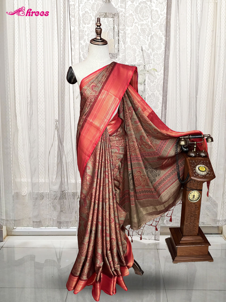 Fawn Beige Moonga Printed Silk Saree