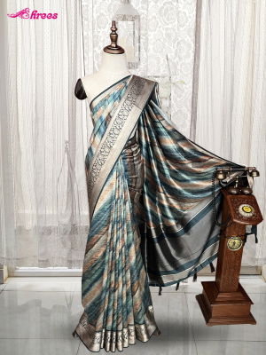 Teal Blue And Peach Moonga Printed Silk Saree