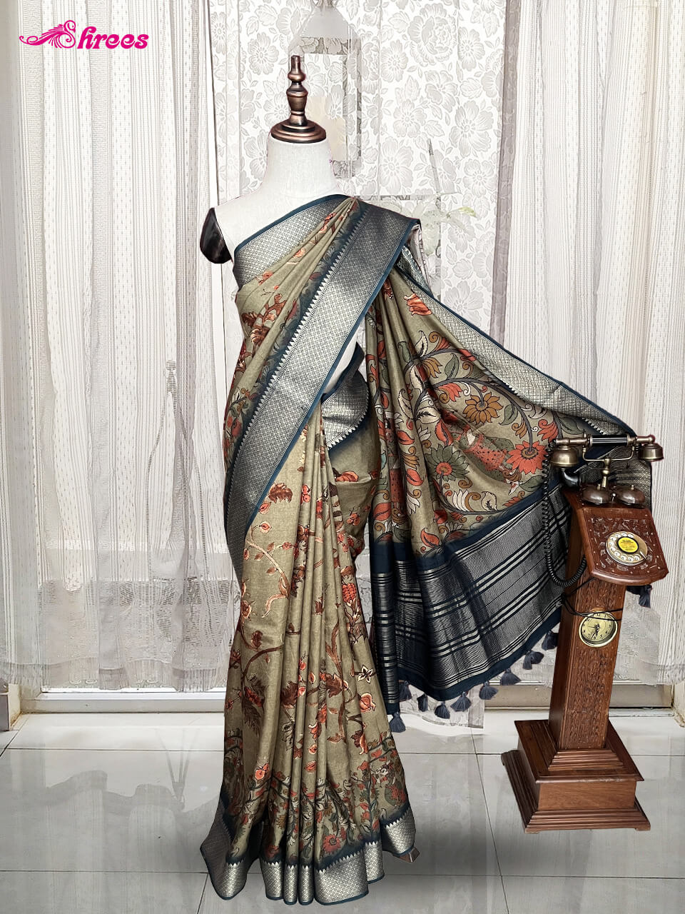 Moss Green Moonga Printed Silk Saree