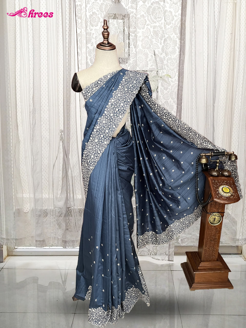 Ash Blue Semi Tussar Silk Saree