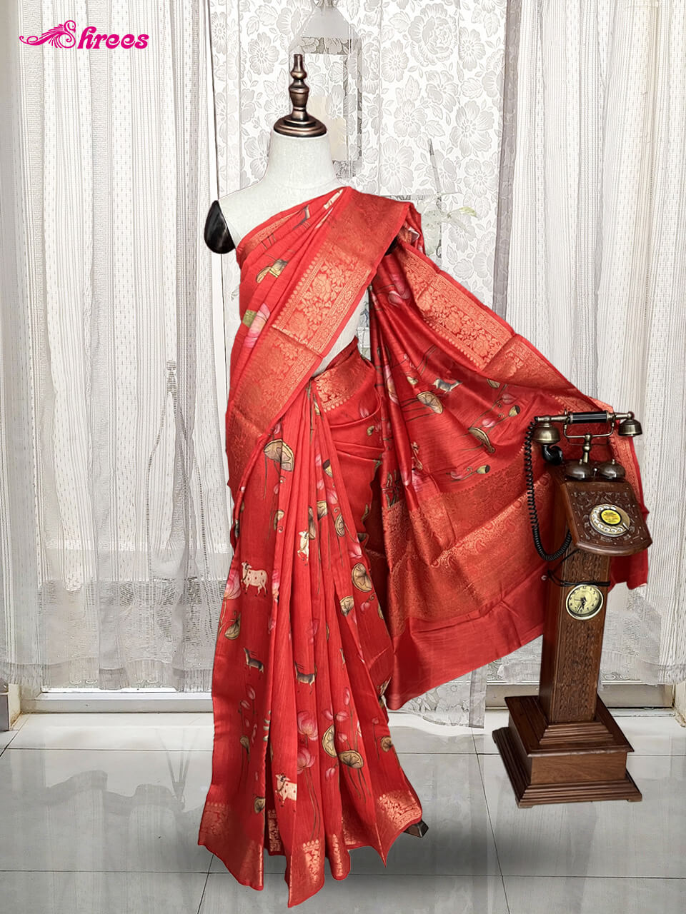 Red Pure Tussar Handloom Silk Saree