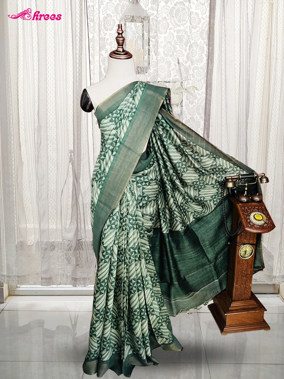 Forest Green Pure Tussar Silk Saree