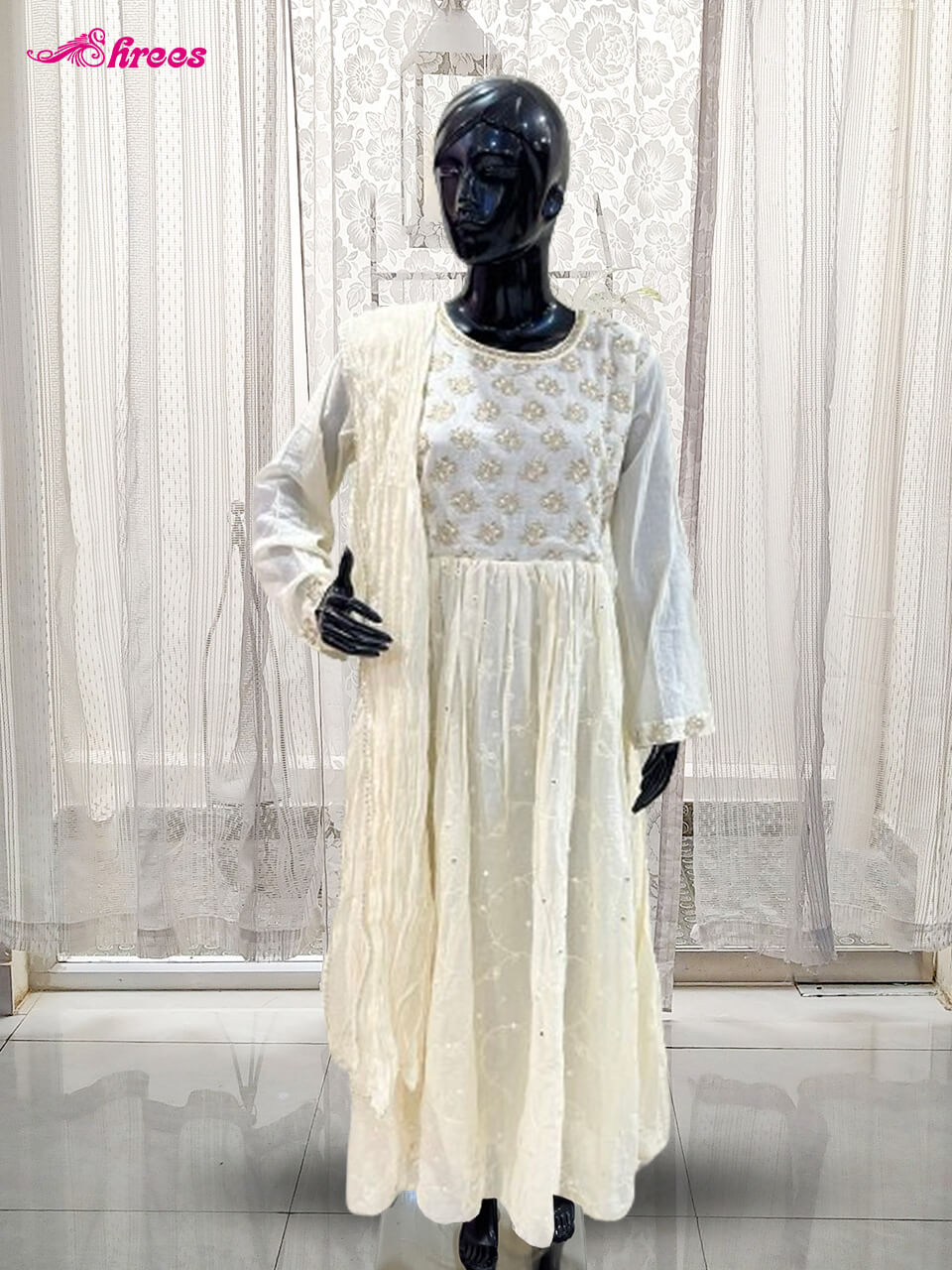 White Anarkali Silk Cotton Kurthi-XXL
