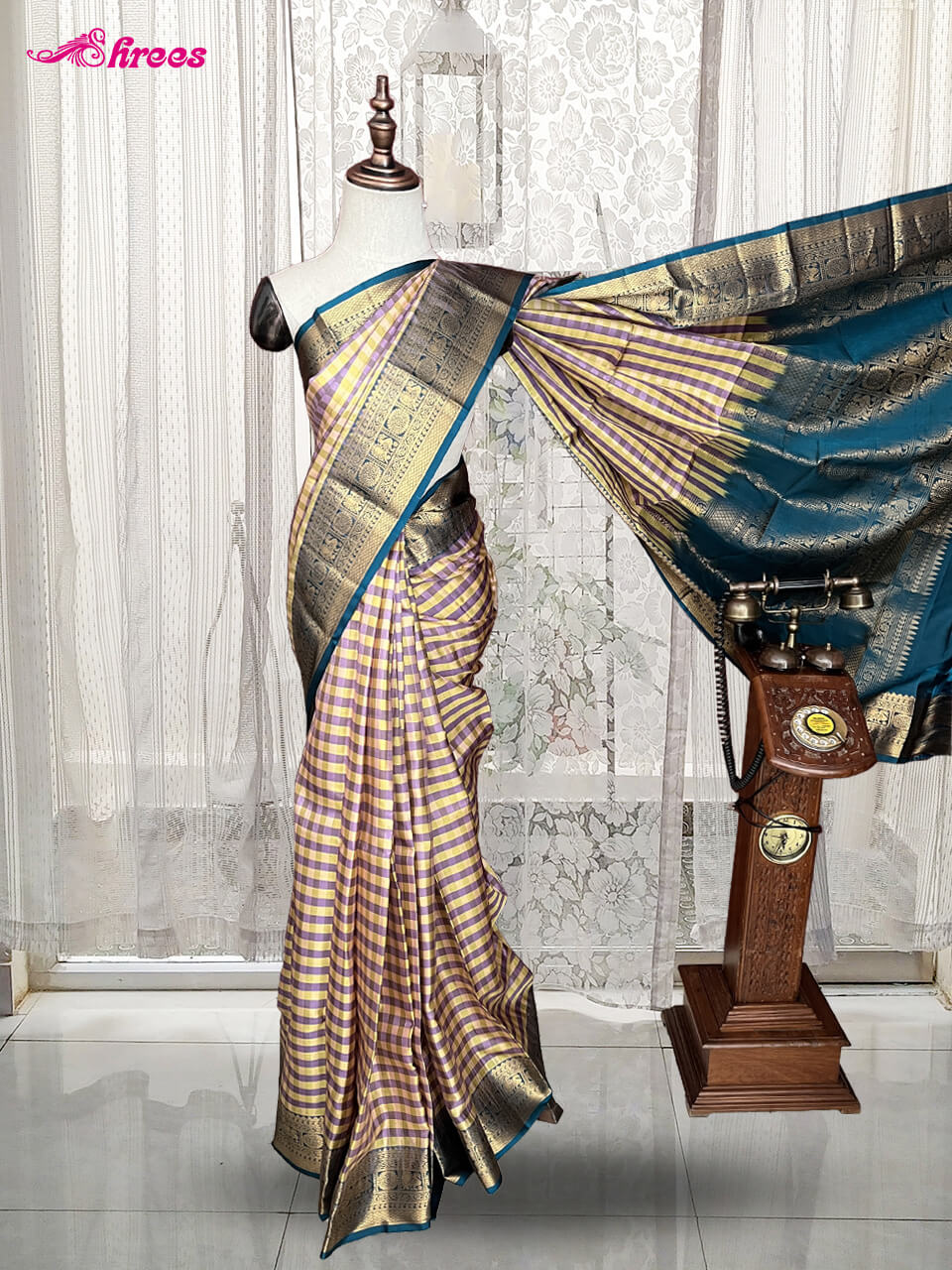 Lavender And Yellow Pure Kanchipuram Silk Saree