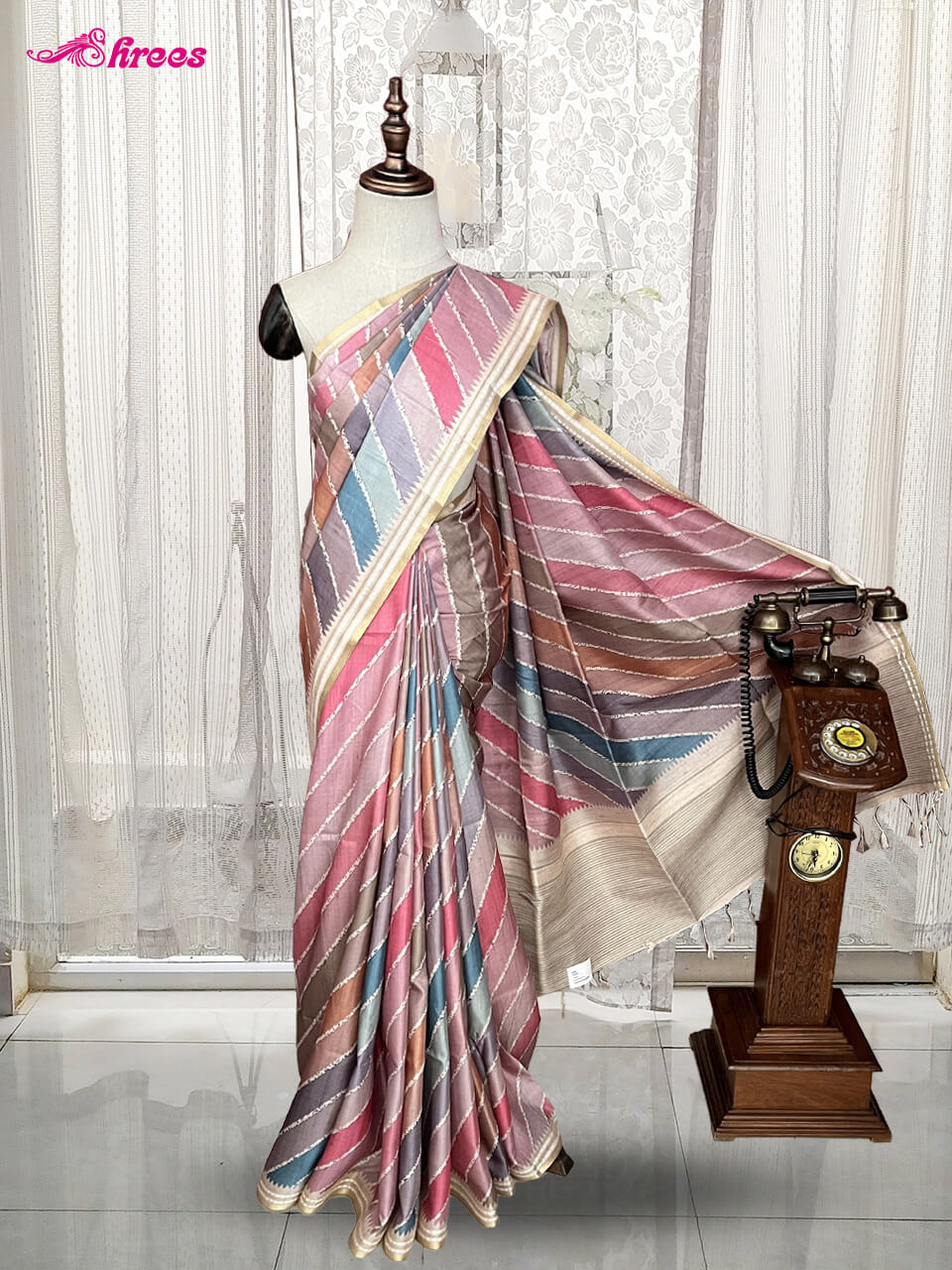 Peachish Pink Semi Tussar Silk Saree