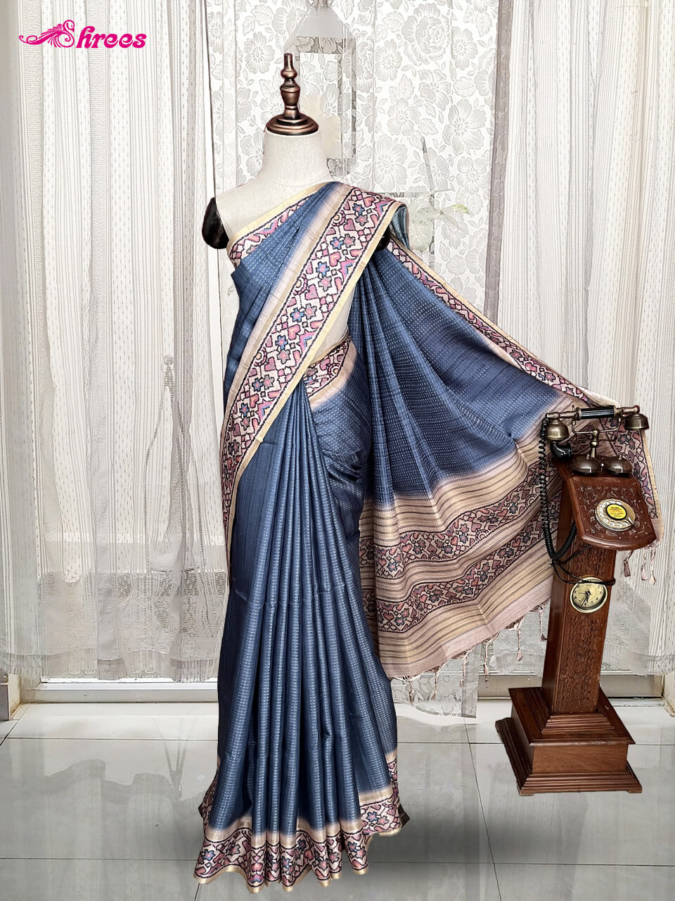 Ash blue Semi Tussar Silk Saree