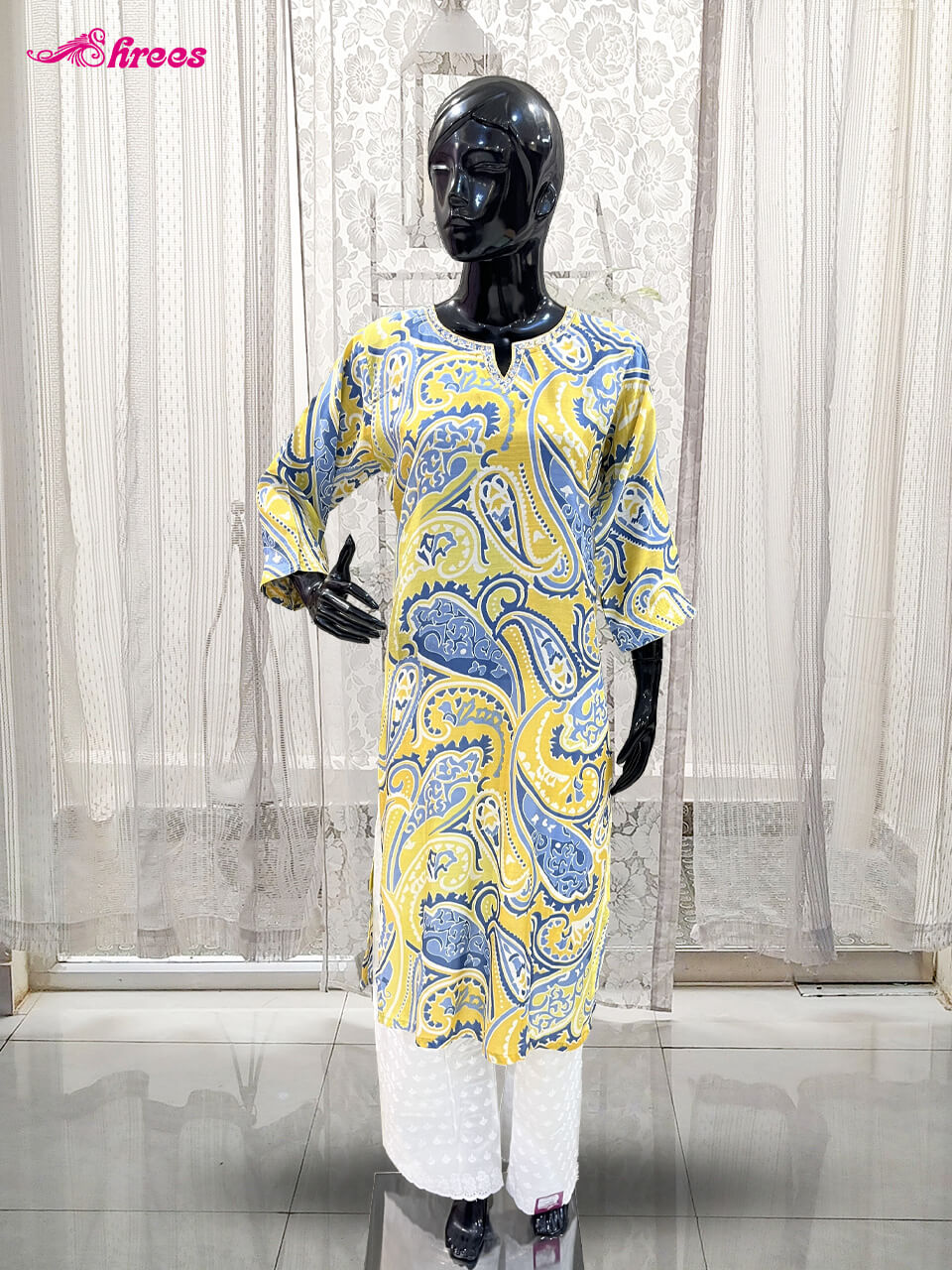 Yellow And Blue Silk Kurthi