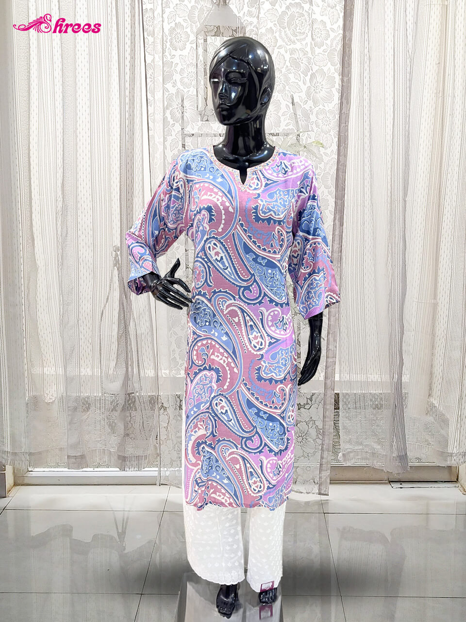Pink And Blue Silk Kurthi-XXL