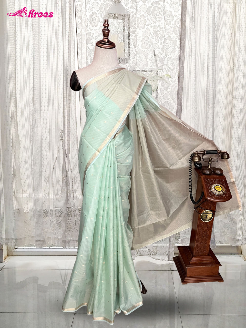 Pastel Green Tussar Silk Organza Saree