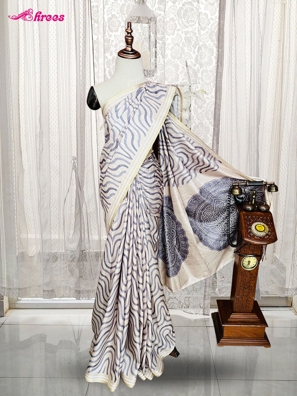 Ash Colour Semi Tussar Silk Saree