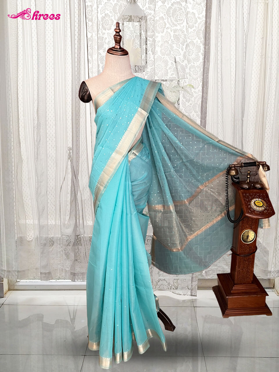Aqua Blue Kora Silk Saree