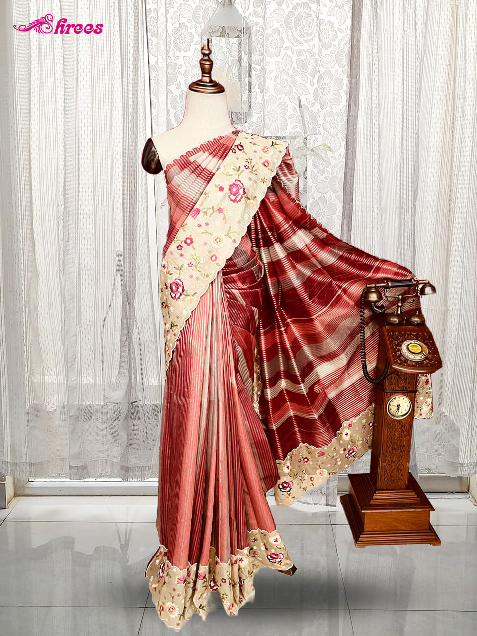 Brick Red Tissue Silk Saree