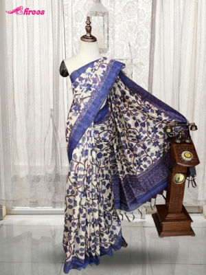 White And Indigo Semi Tussar Silk Saree