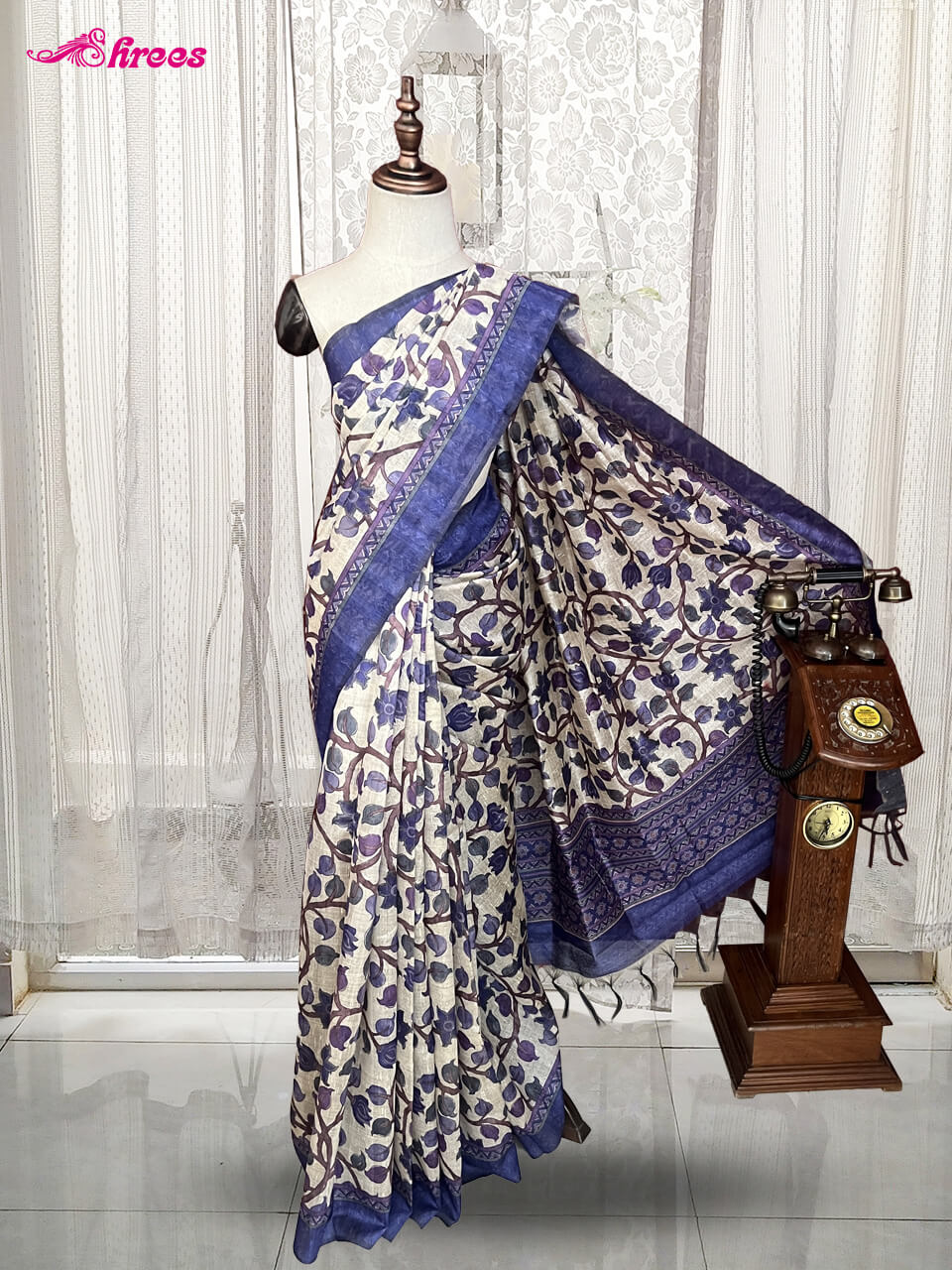 White And Indigo Semi Tussar Silk Saree