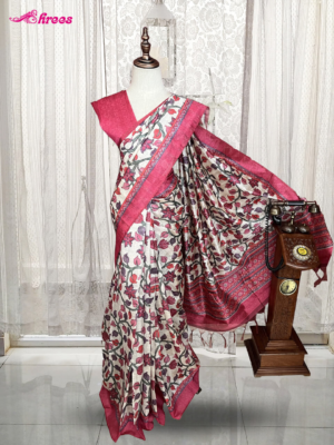 White And Pink Semi Tussar Silk Saree