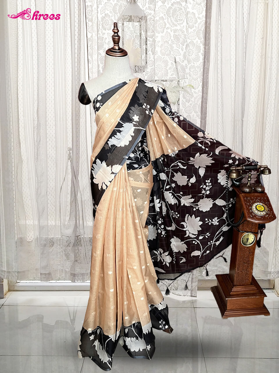 Beige And Black Kota Silk Saree