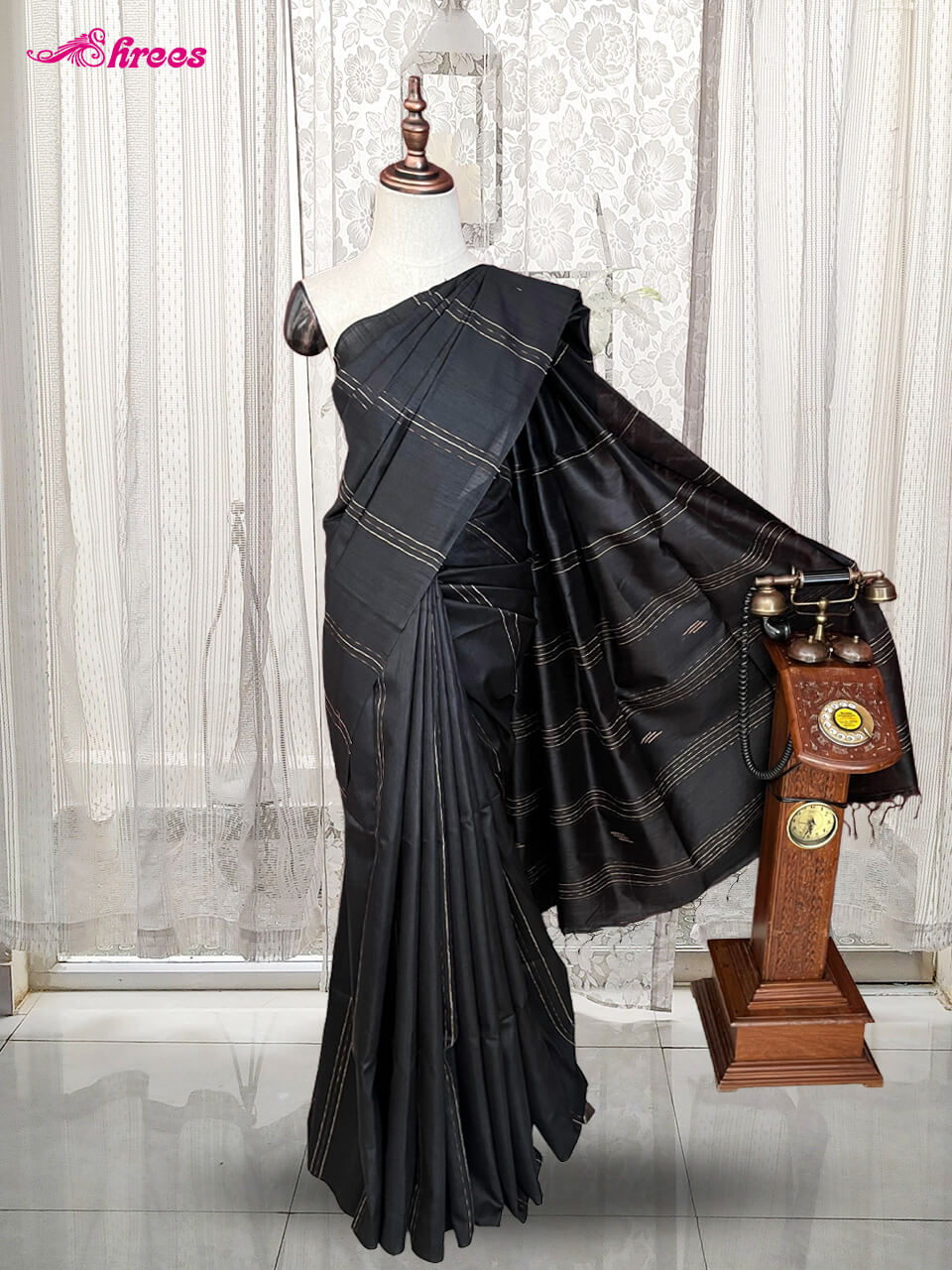 Black Semi Tussar Silk Saree