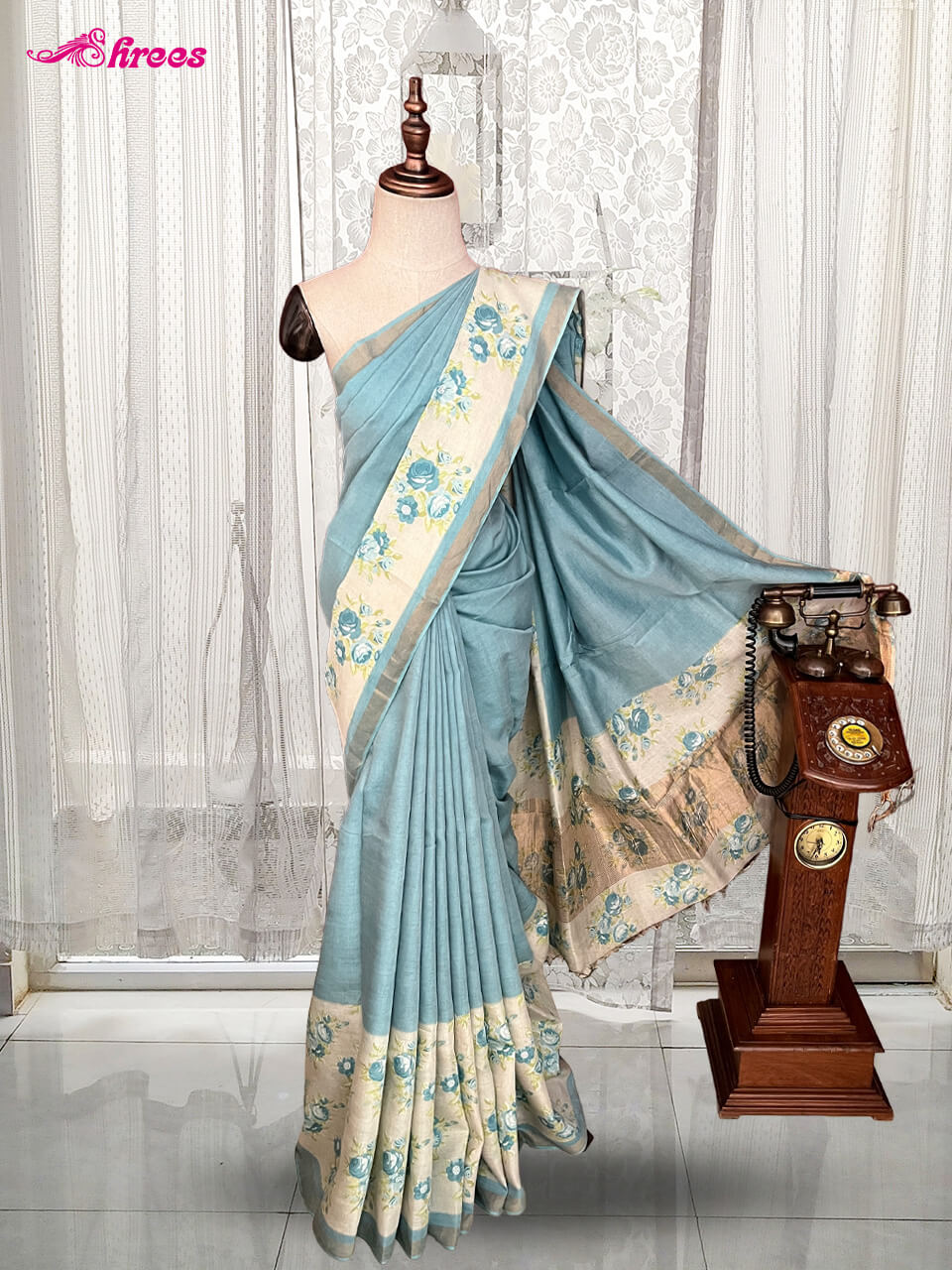 Ash Blue Bamboo Tussar Silk Saree