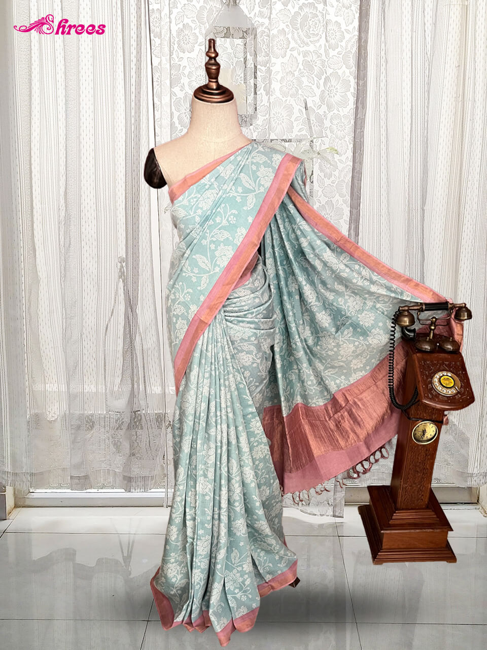 Pastel Aqua Blue Bamboo Tussar Silk Saree