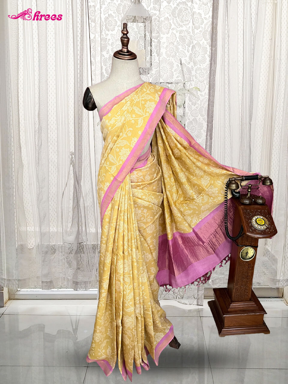 Pale Yellow Bamboo Tussar Silk Saree