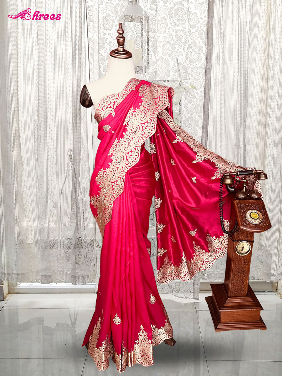 Hot Pink Tussar Silk Saree