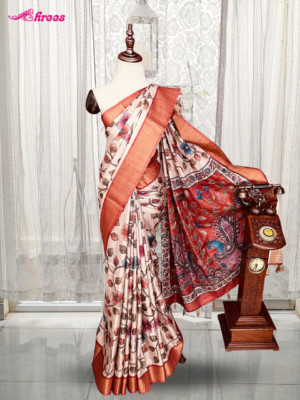 Cream And Rust Orange Tussar Silk Saree
