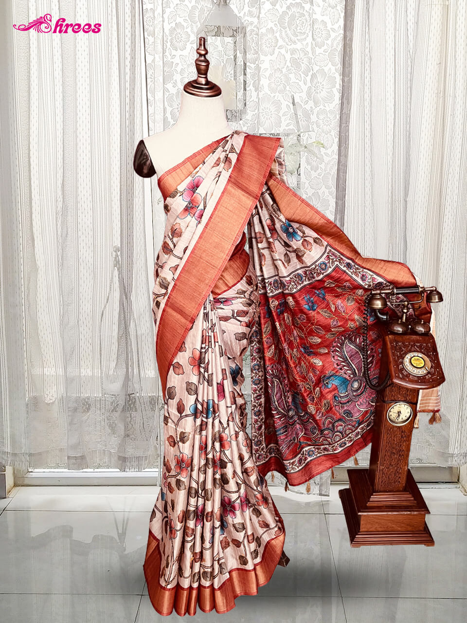 Cream And Rust Orange Tussar Silk Saree