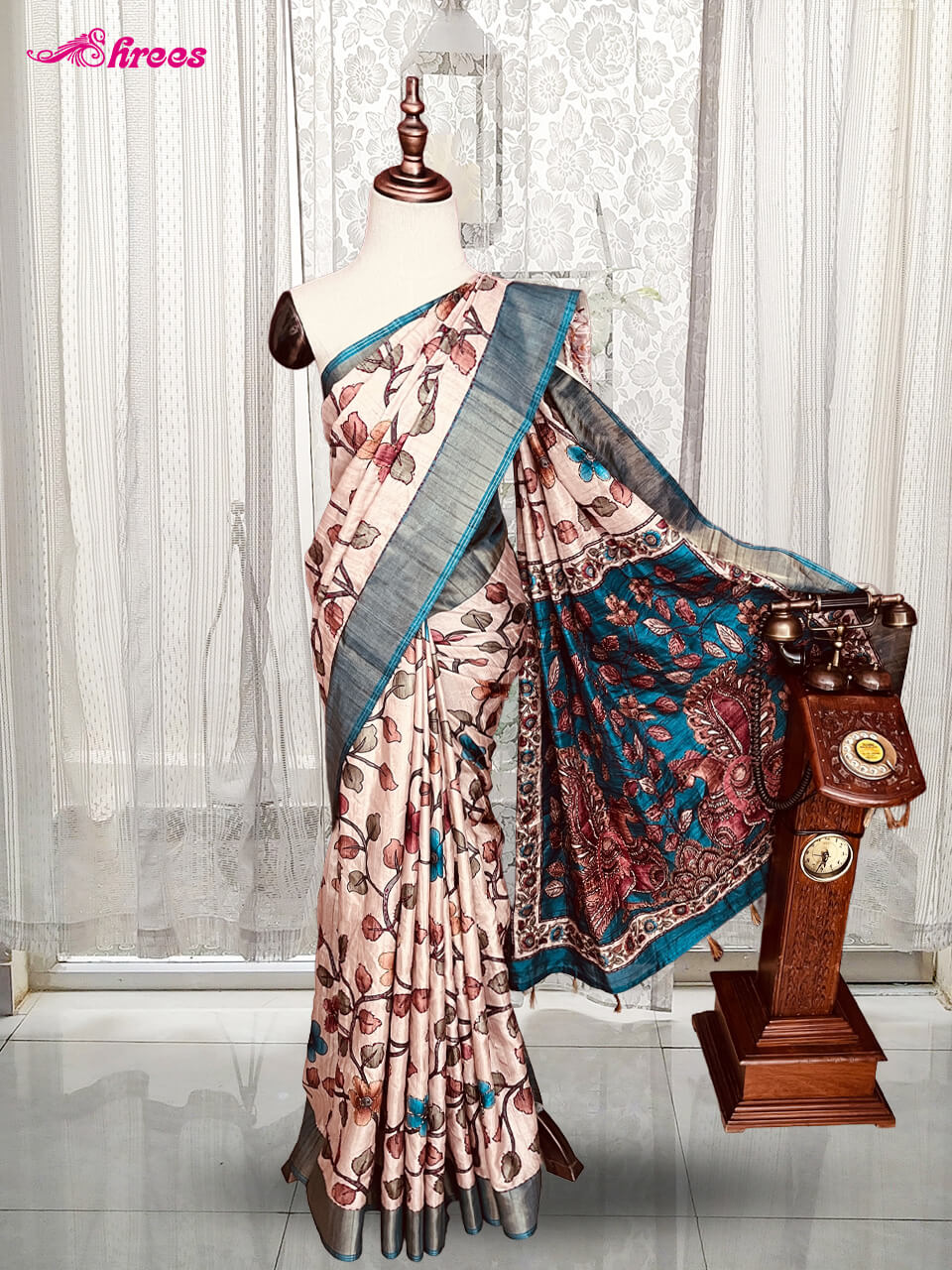 Cream And Blue Tussar Silk Saree