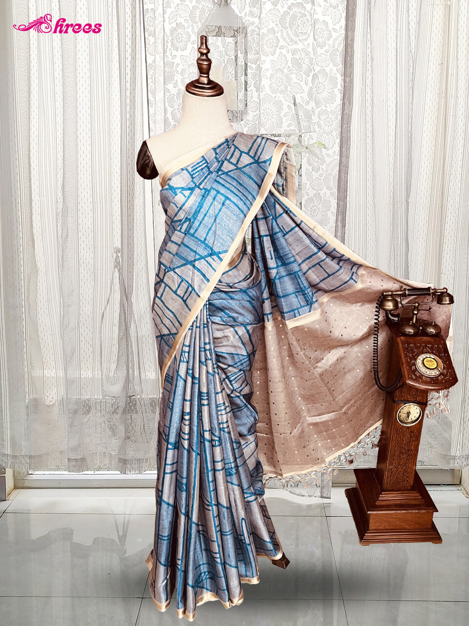 Metallic Blue Tussar Silk Saree