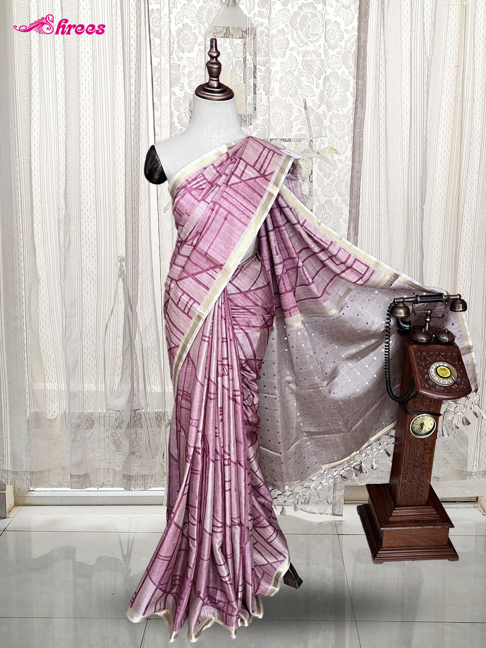 Onion Pink Tussar Silk Saree
