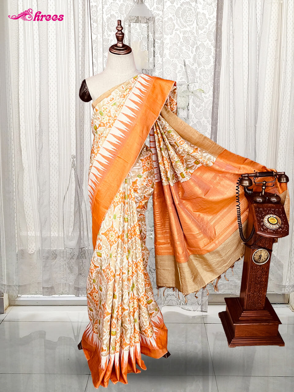 Cream and Fanta Raw Silk Saree
