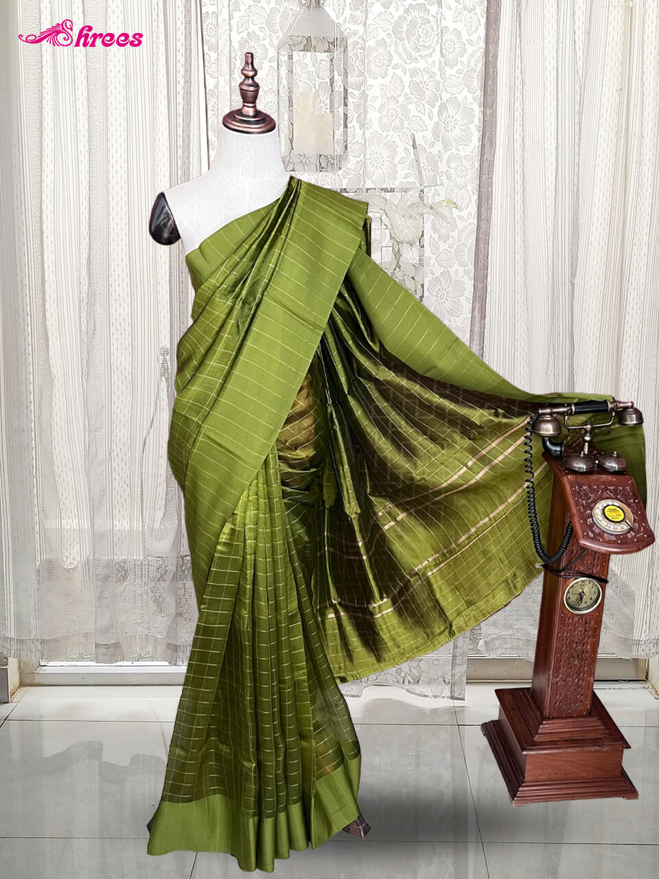 Olive Green Raw Mango Tussar Silk Saree
