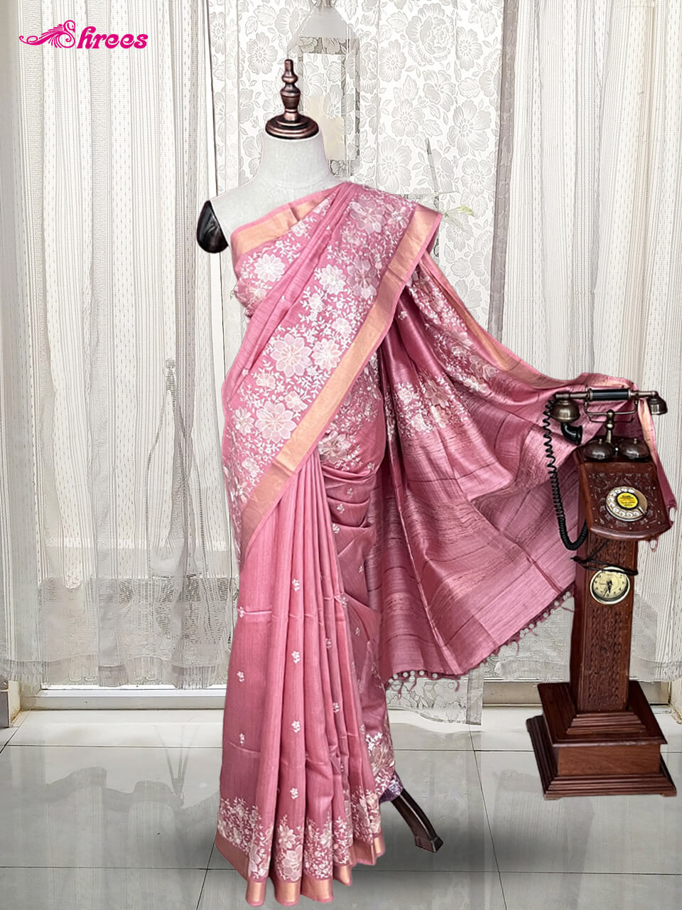 Pink Tussar Silk Saree