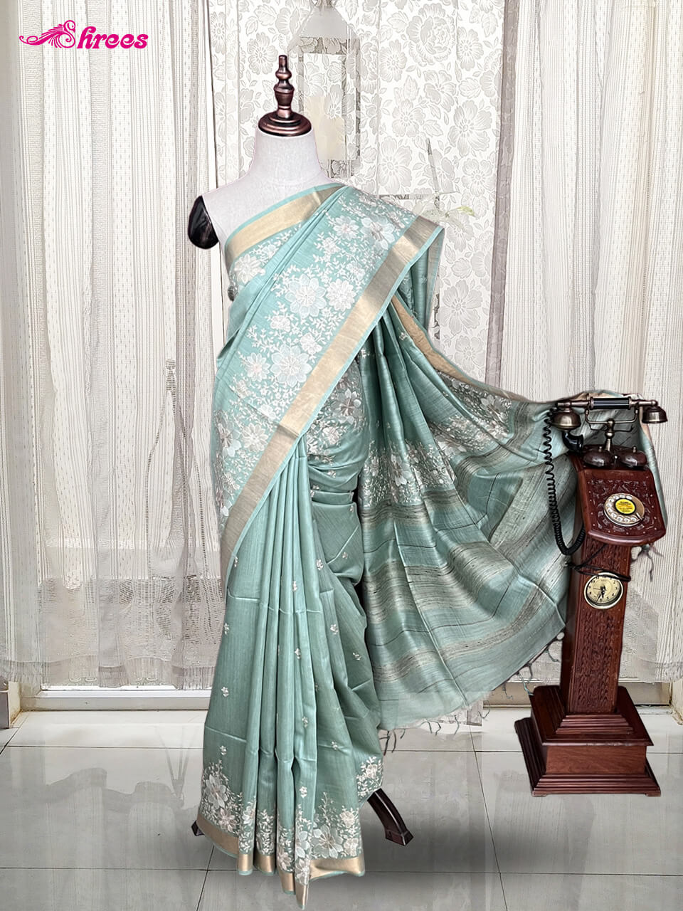 Pastel Aqua Green Tussar Silk Saree