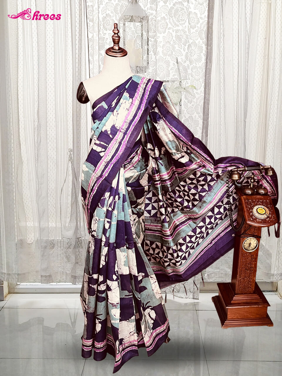 Rich Purple Printed Tussar Silk Saree