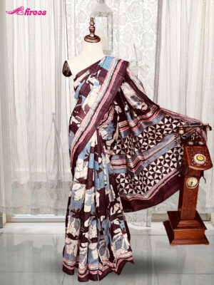 Brown Printed Tussar Silk Saree