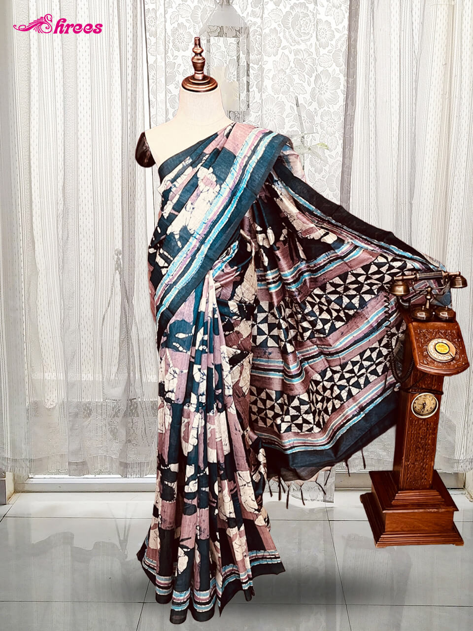 Dark Green Printed Tussar Silk Saree