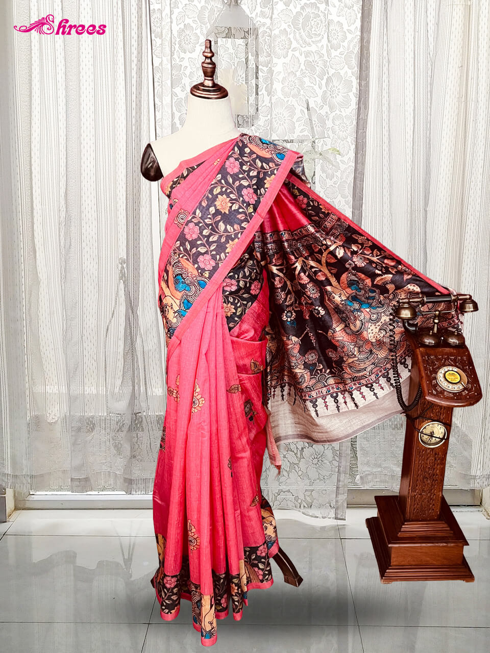 Pink Printed Tussar Silk Saree