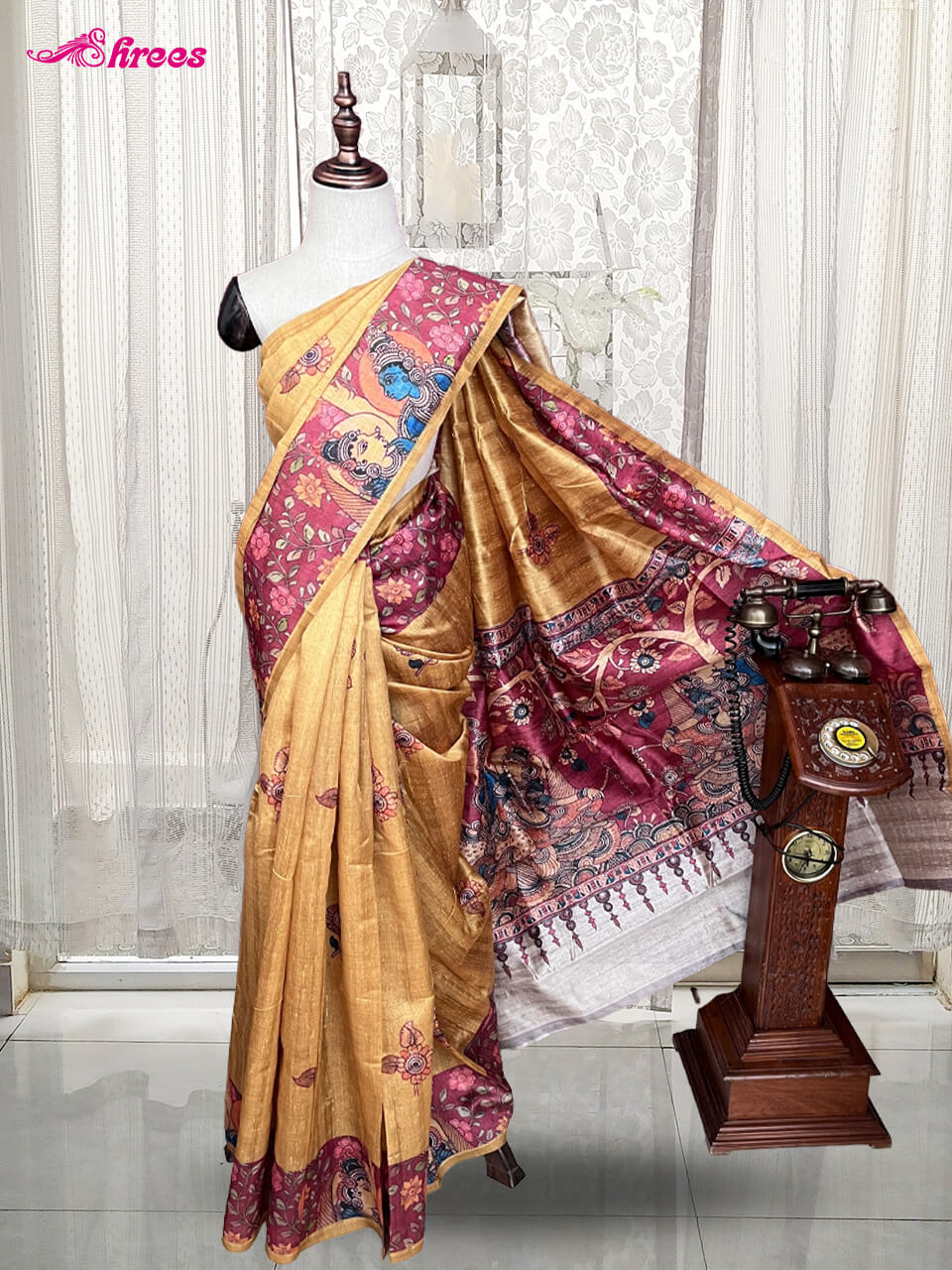 Golden Yellow Printed Tussar Silk Saree