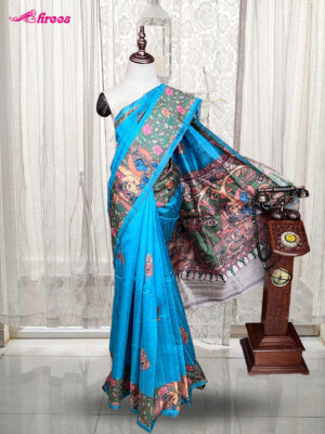 Blue Printed Tussar Silk Saree