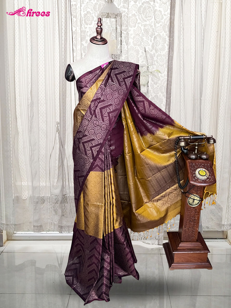 Golden Yellow And Maroon Pure Kanchipuram Silk Saree